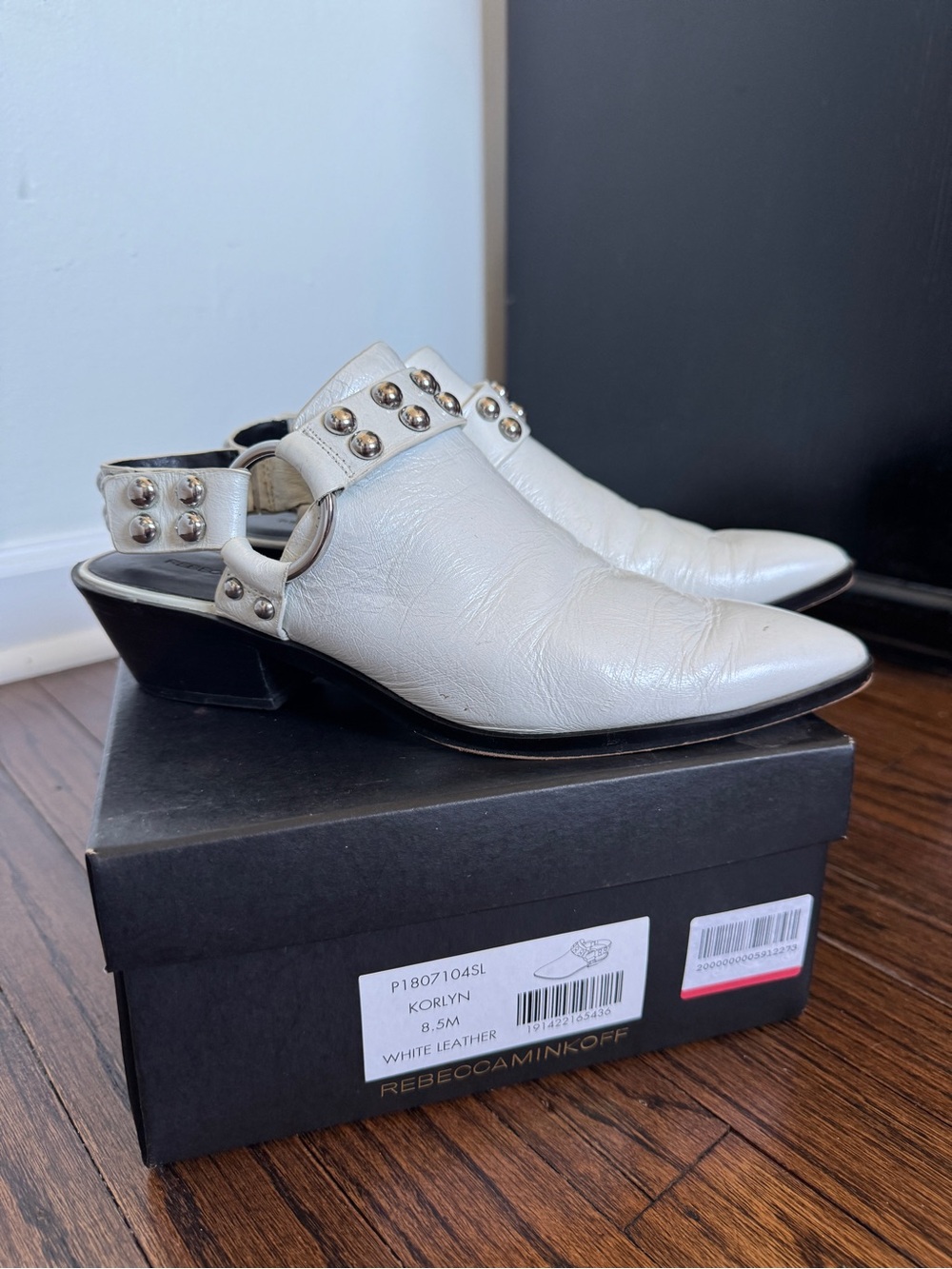 Rebecca Minkoff Korlyn White Leather Studded Slingback Mules